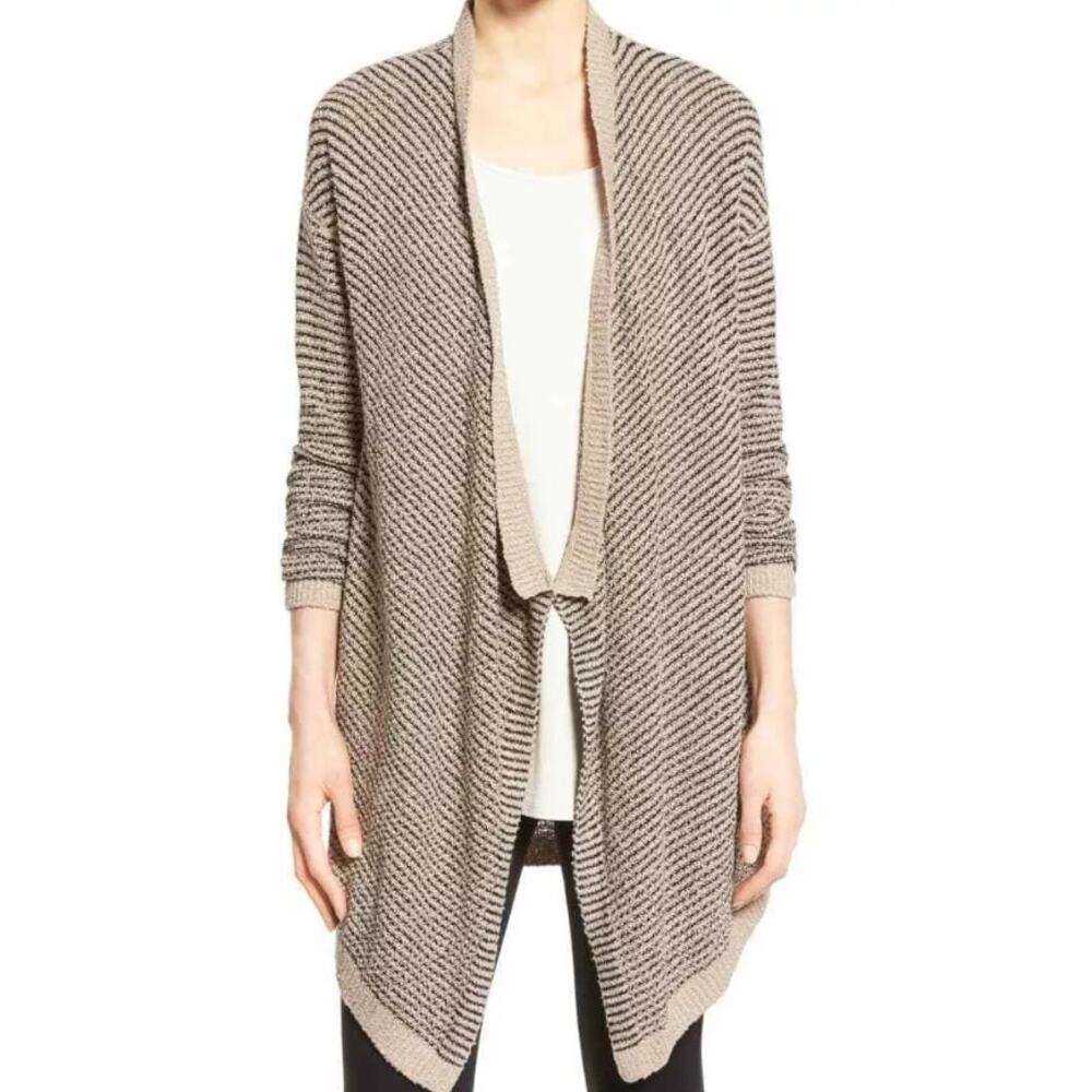 EILEEN FISHER black tan brown 100% organic cotton cascading open front sweater